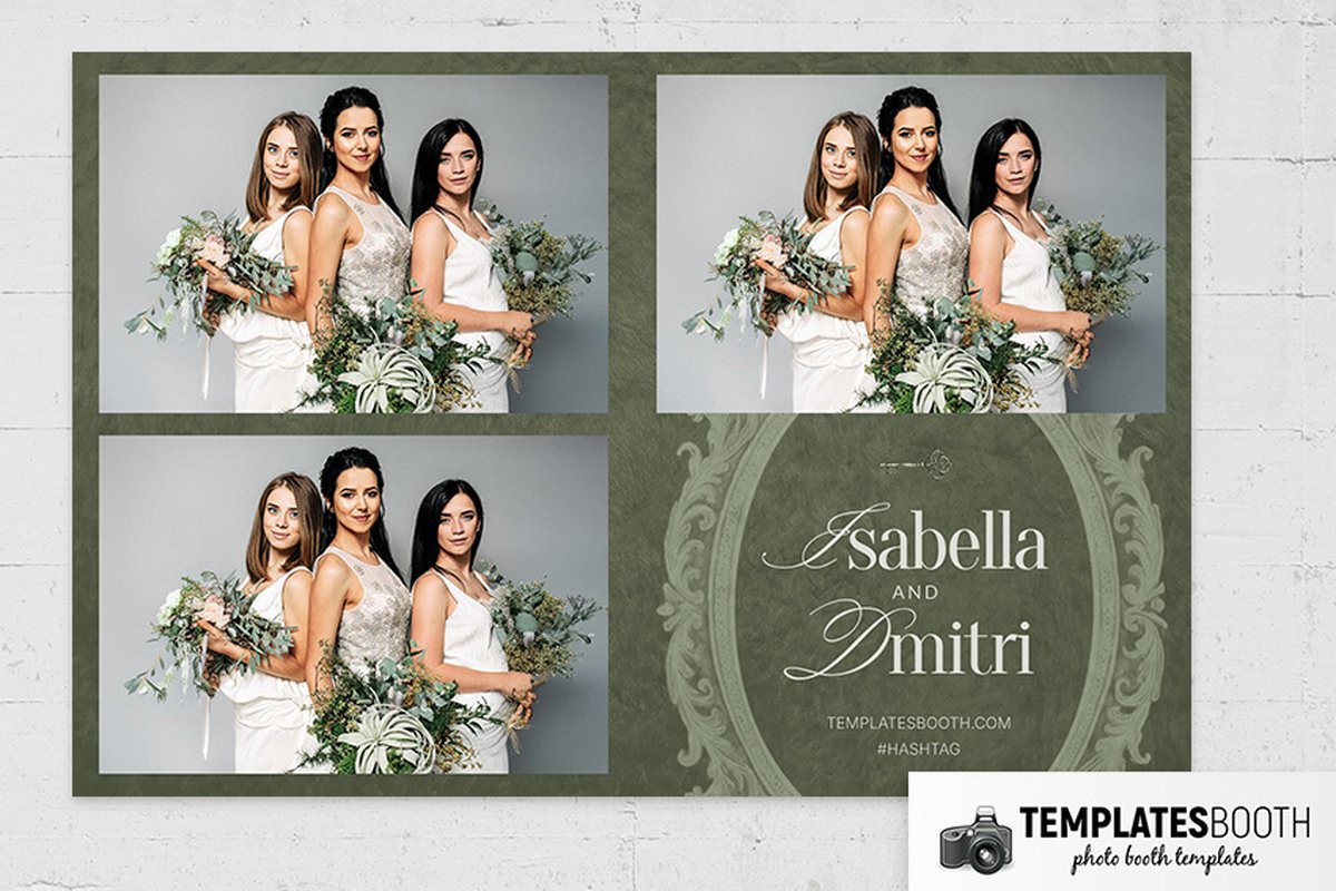 Olive-green wedding photo booth strip with two photo openings, an ornate pale green oval and a small antique key