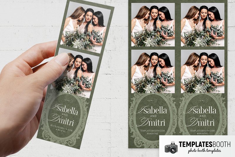 Rustic Green Wedding photo booth template: two-photo green strip held beside two matching strips