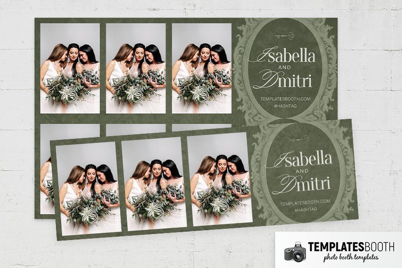 Rustic Green Wedding photo booth template: overlapping horizontal green strips with three photos and wedding names
