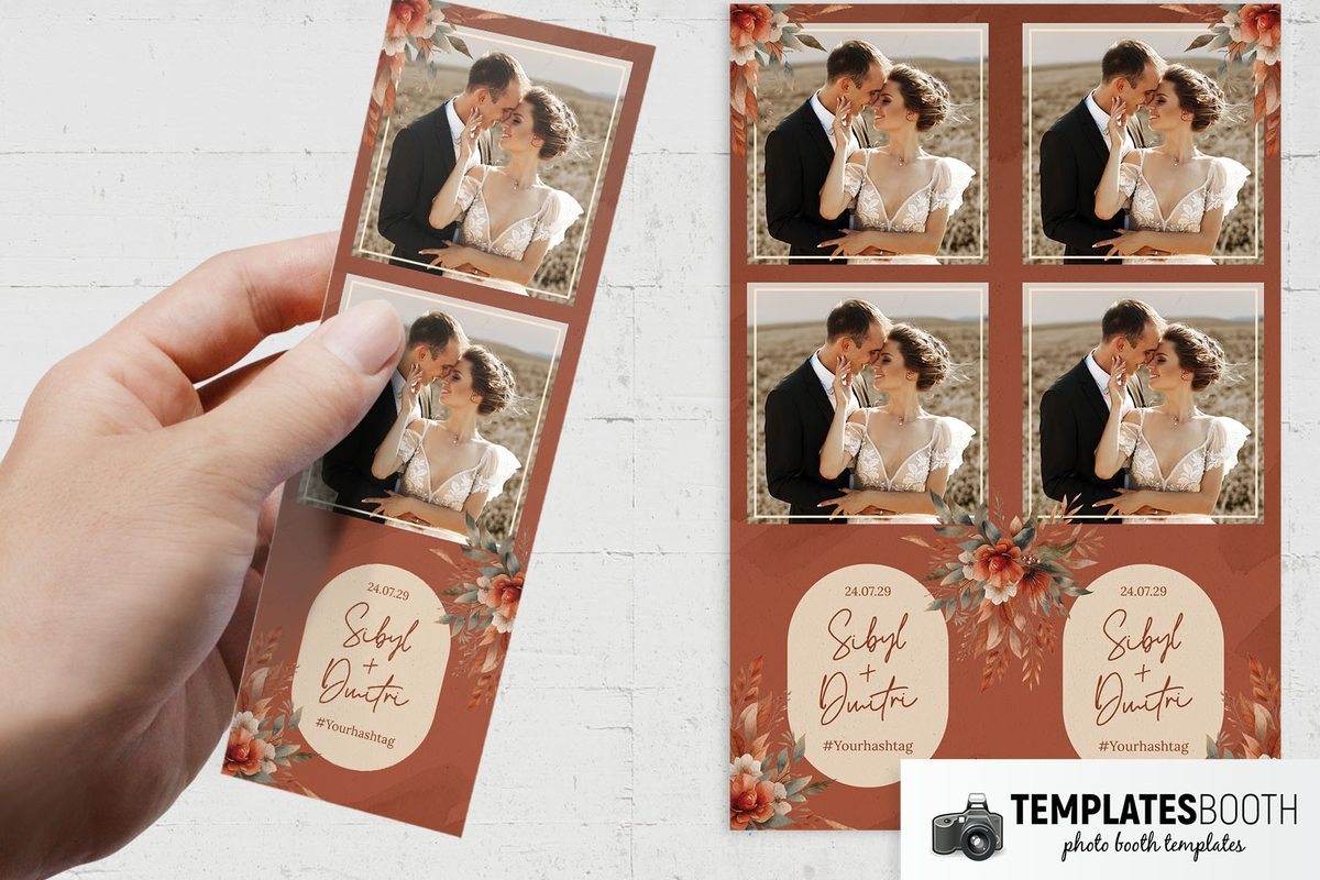 Burnt-orange wedding photo strip template with watercolor flowers, two photo openings and a cream rounded name panel