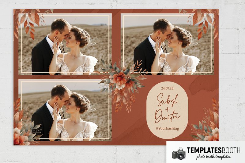 Rustic Orange photo booth template: landscape print with three photos and a floral text panel