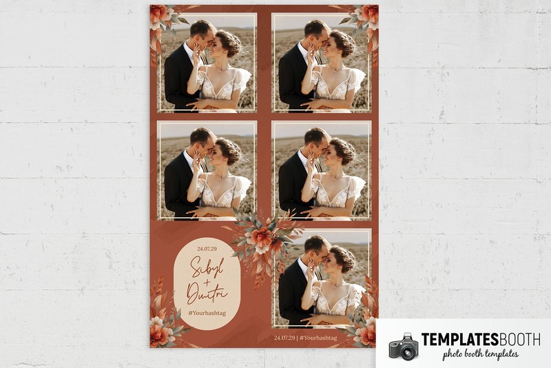 Rustic Orange photo booth template: portrait print with five photos and a floral text panel
