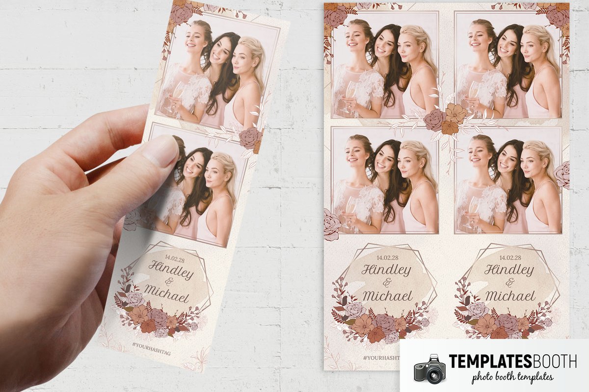 Rustic wedding photo strip template with pink double-line photo frames, outlined roses and overlapping polygon outlines