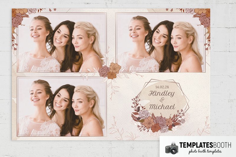 Rustic Wedding photo booth template: landscape print with three photos and floral wedding text