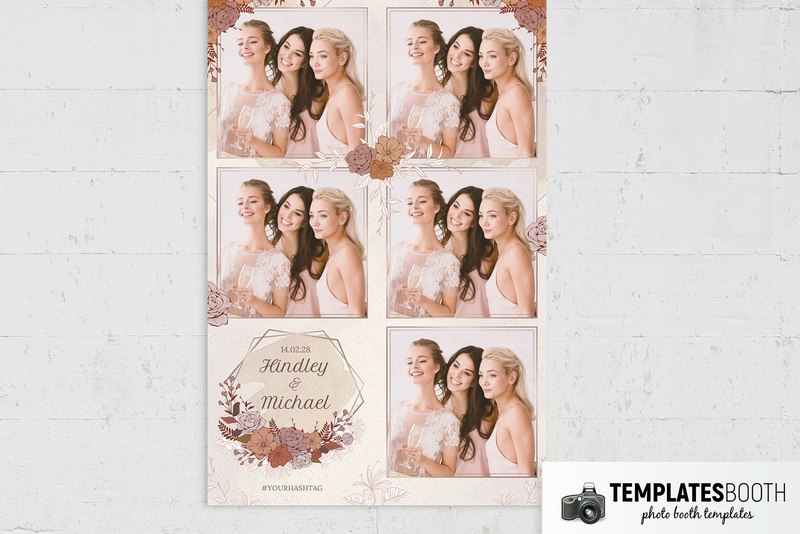 Rustic Wedding photo booth template: portrait print with five photos and floral wedding text