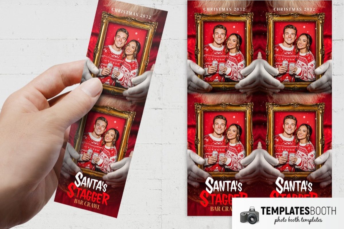 Santa Claus photo booth template with white-gloved hands holding ornate gold frames against a red Santa suit