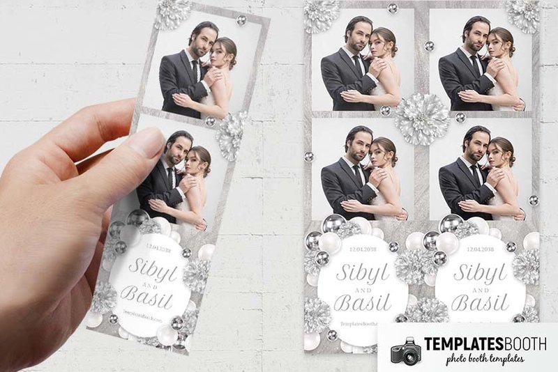 Silver Party photo booth template: two-photo silver strip held beside two matching strips