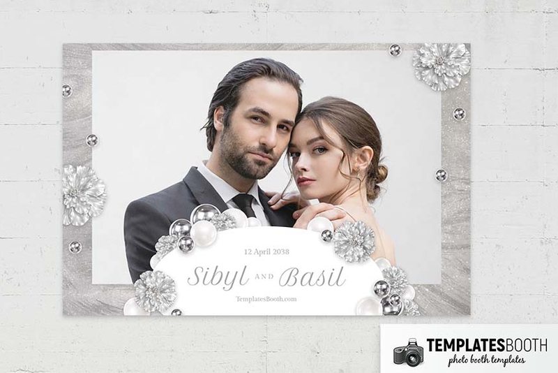 Silver Party photo booth template: single-photo landscape print with wedding names and silver decorations