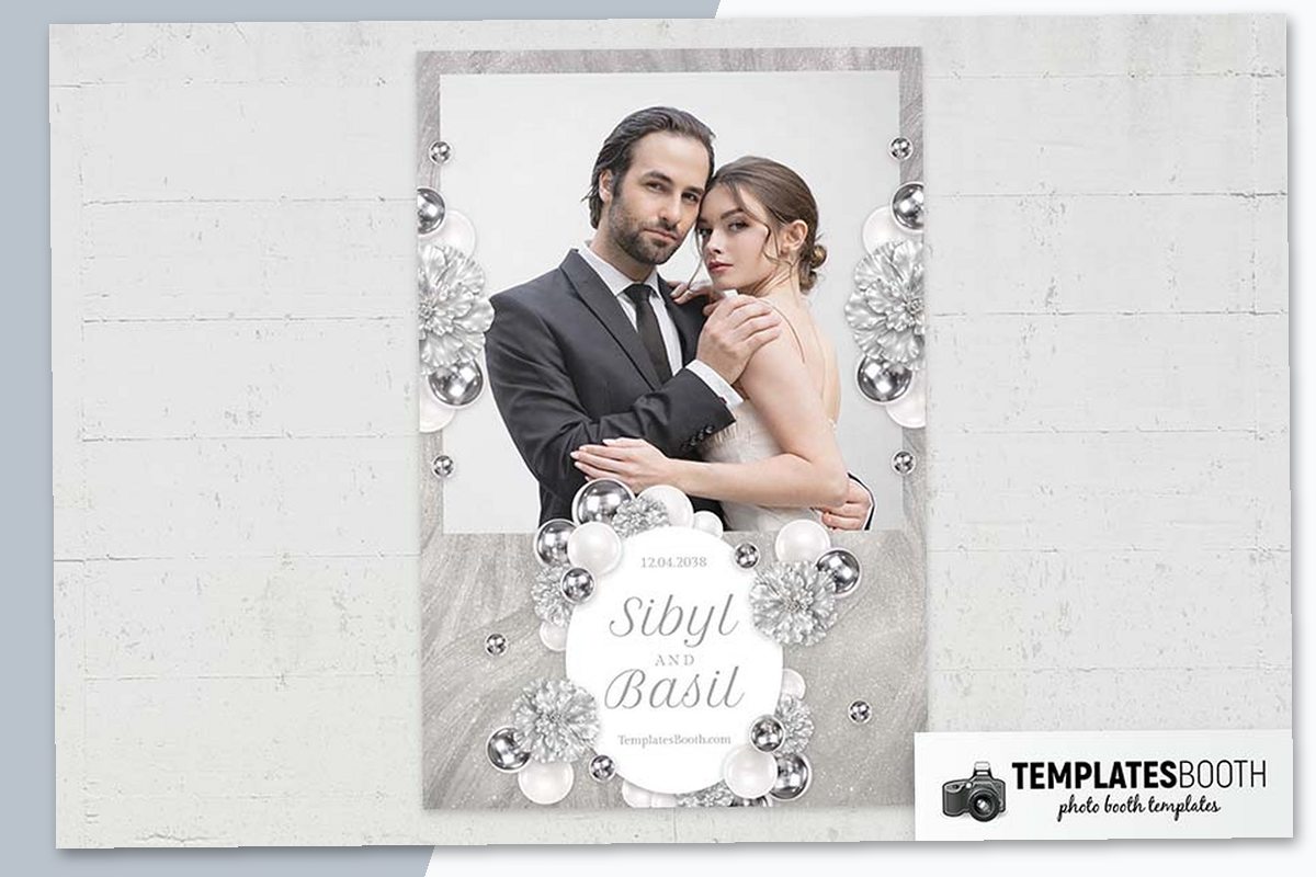 Silver Party photo booth template with jeweled flowers, reflective silver spheres, pearl-like ornaments, and an oval panel