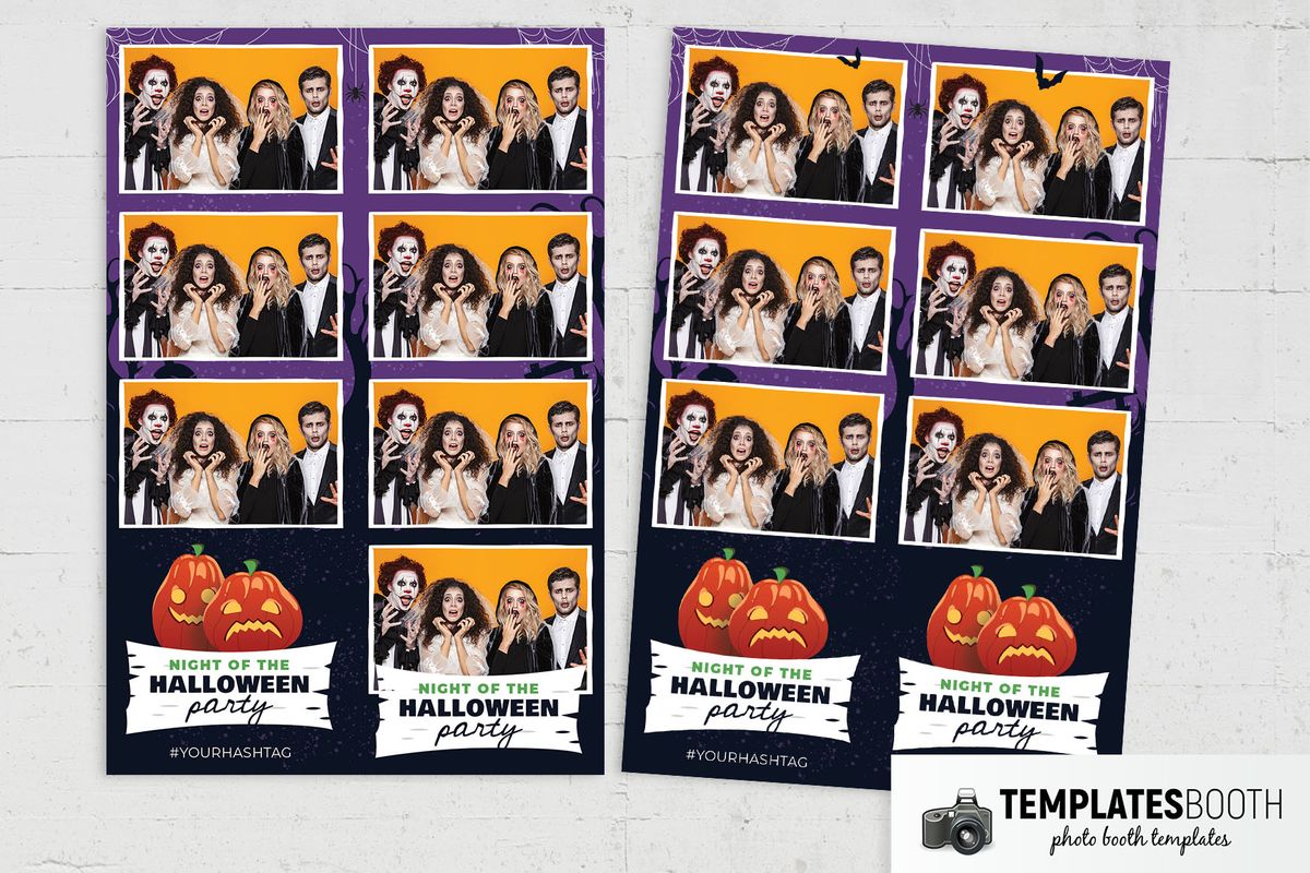Halloween photo booth template with white photo borders, two cartoon pumpkins, cobwebs and a purple-navy background