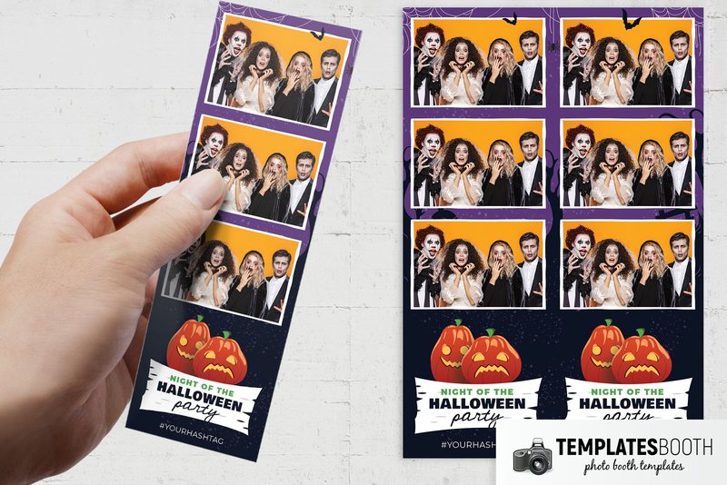 Spooky Halloween photo booth template: three-photo Halloween strip held in a hand beside paired strips