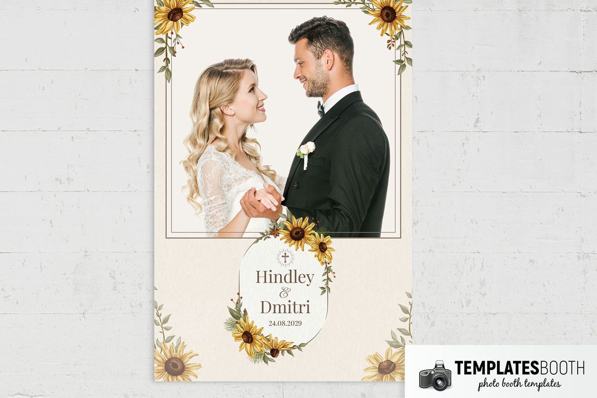 Wedding photo booth strip template with two photo openings, yellow sunflowers and a floral oval containing a cross