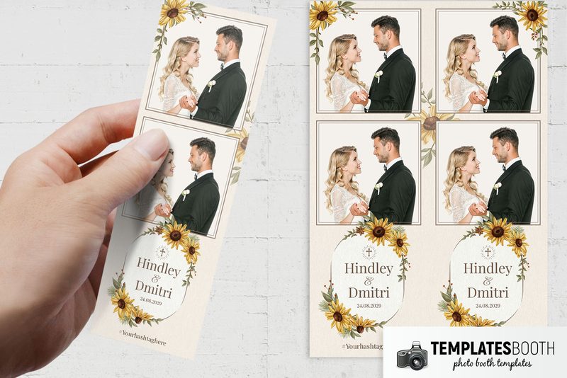 Sunflower Wedding photo booth template: hand holding two-photo strip beside two matching strips
