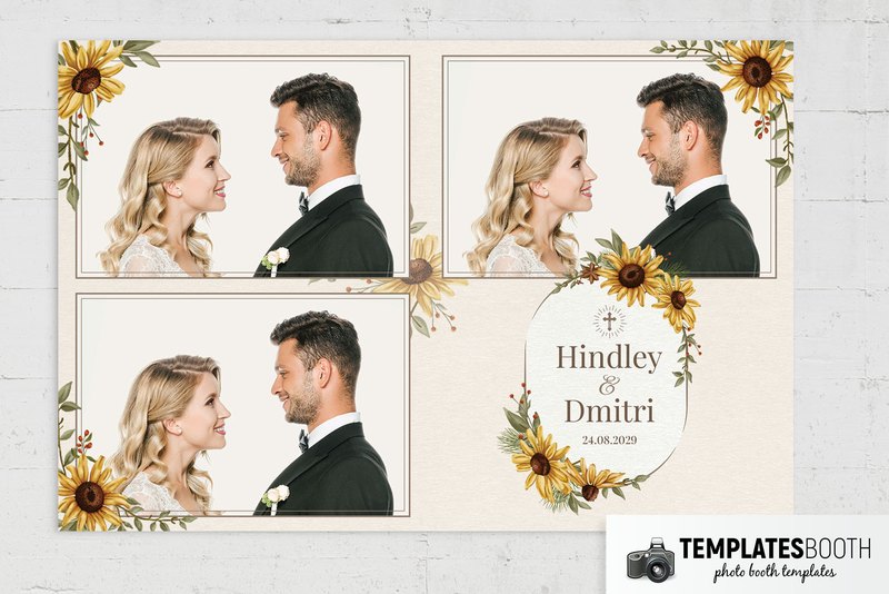 Sunflower Wedding photo booth template: landscape print with three photos surrounding sunflower wedding text