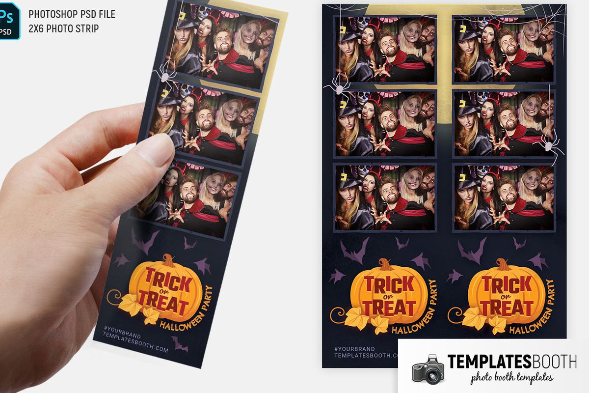 Halloween photo booth template with illustrated pumpkins, purple bats and a ghost strip with a purple plaque