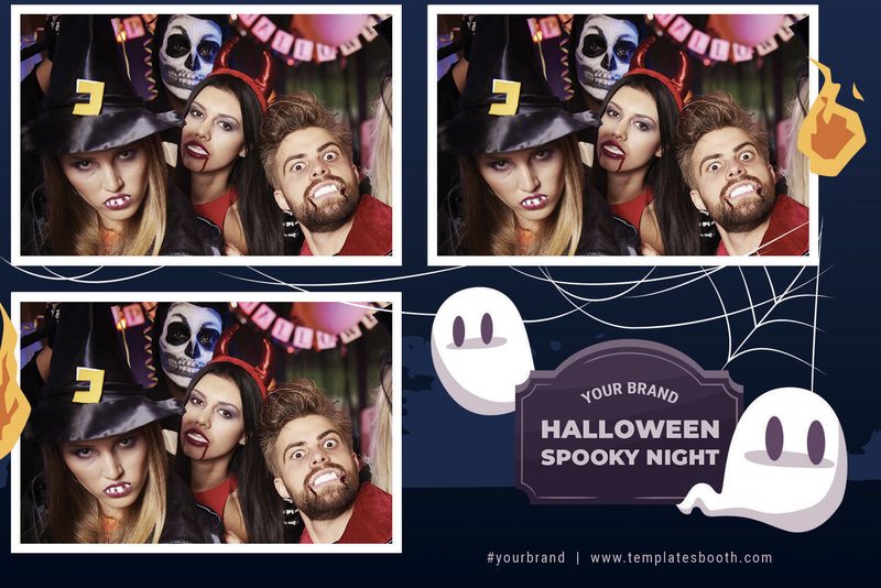 Trick or Treat photo booth template: landscape Halloween print with three photos and two white ghosts