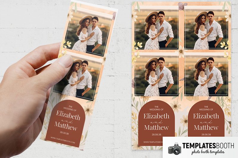Warm Boho Wedding photo booth template: two-photo floral strip held beside two matching strips