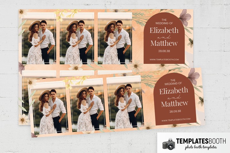 Warm Boho Wedding photo booth template: horizontal floral strips with three photos and wedding text
