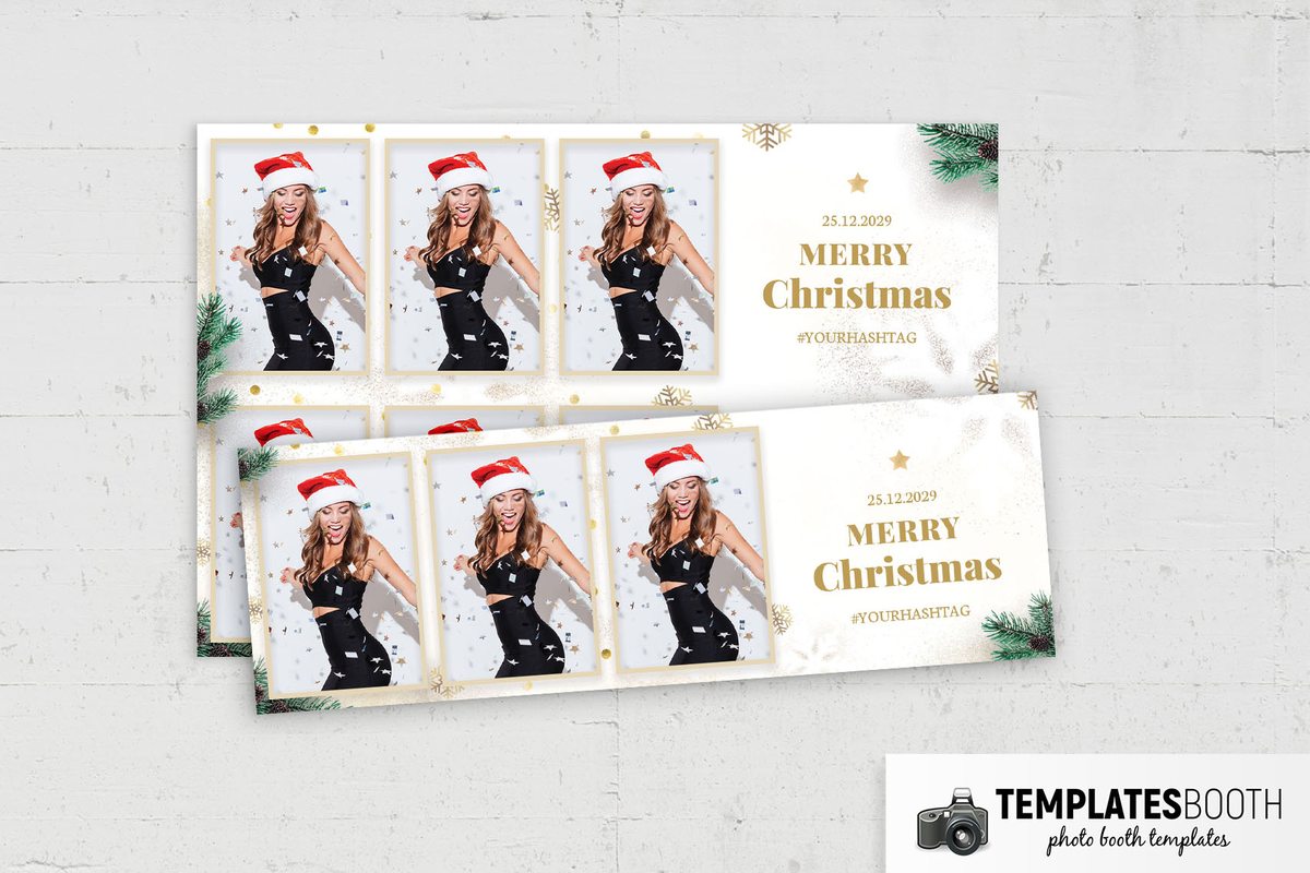 White Christmas photo booth strip with pale gold photo frames, green pine branches, brown pinecones and gold snowflakes