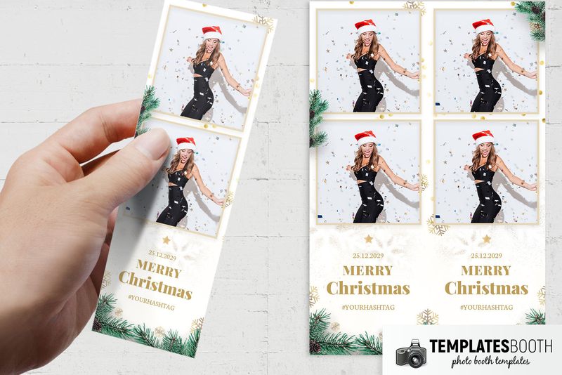White Christmas photo booth template: hand holding Christmas strip with two stacked photos