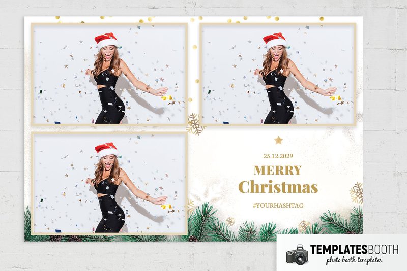 White Christmas photo booth template: landscape Christmas postcard with three photos and gold text