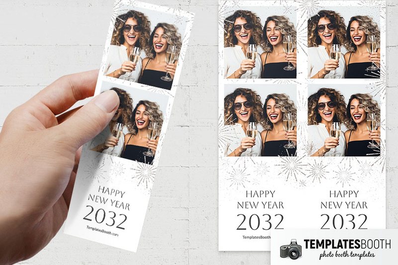 White New Year's Eve photo booth template: two-photo strips, one held in a hand