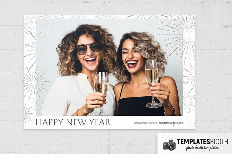 White New Year's Eve photo booth template: landscape print with one photo above New Year text