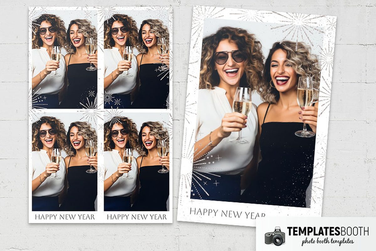 New Year's Eve photo booth template with a white strip, two photo windows, grey fireworks, stars, and a large year