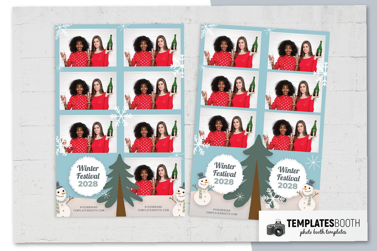 Winter Festival photo booth template with a scarf-wearing snowman, green fir trees, snowflakes, and a circular badge