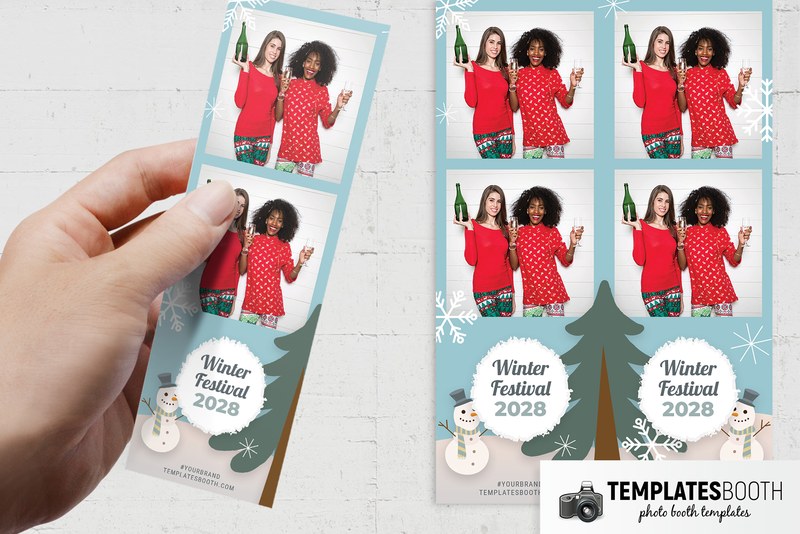 Winter Festival photo booth template: two-photo strip held beside two matching strips on brick