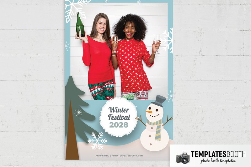 Winter Festival photo booth template: portrait print with one large photo and snowman on brick