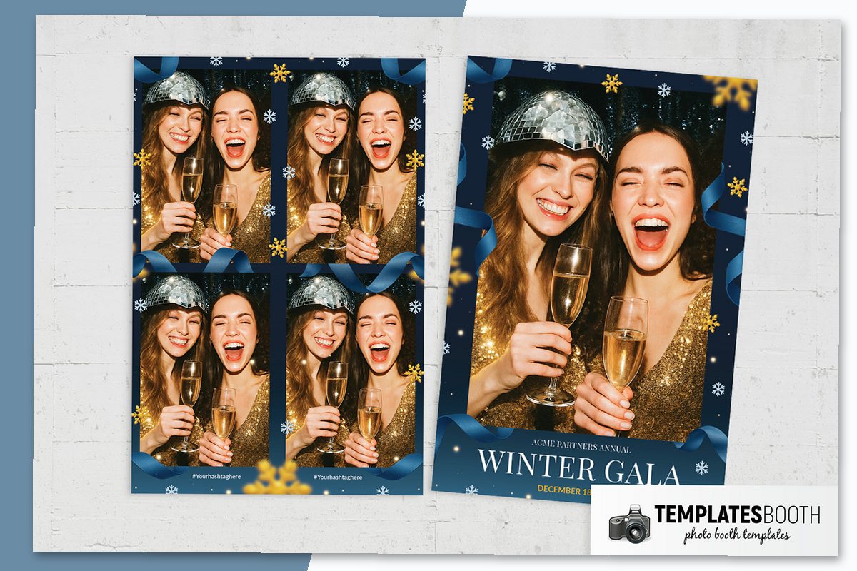 Winter Gala photo booth template with a navy background, curling blue ribbons, gold snowflakes, and white lettering