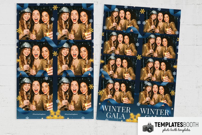 Winter Gala photo booth template (blue ribbons and snowflakes): three-photo strips beside four-photo winter gala strips