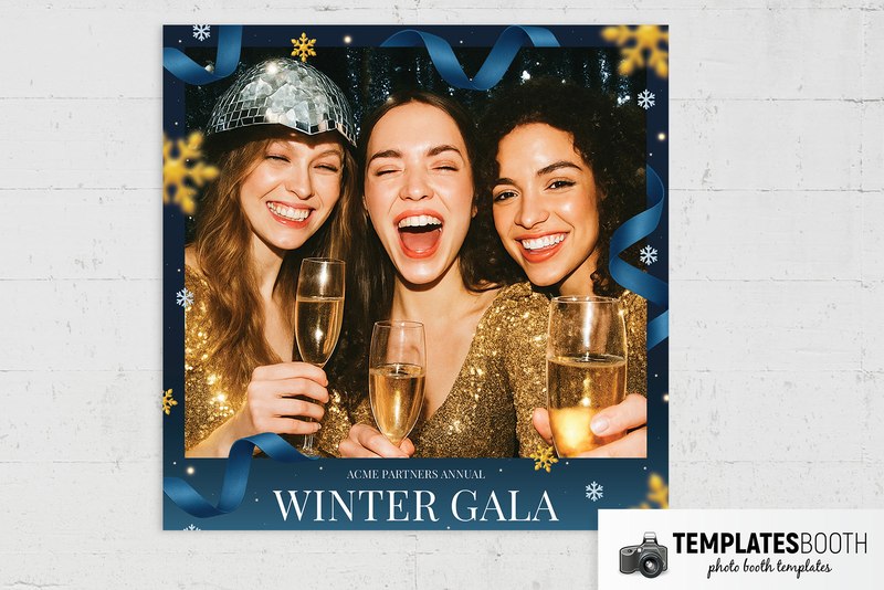 Winter Gala photo booth template (blue ribbons and snowflakes): square winter gala print with one large photo