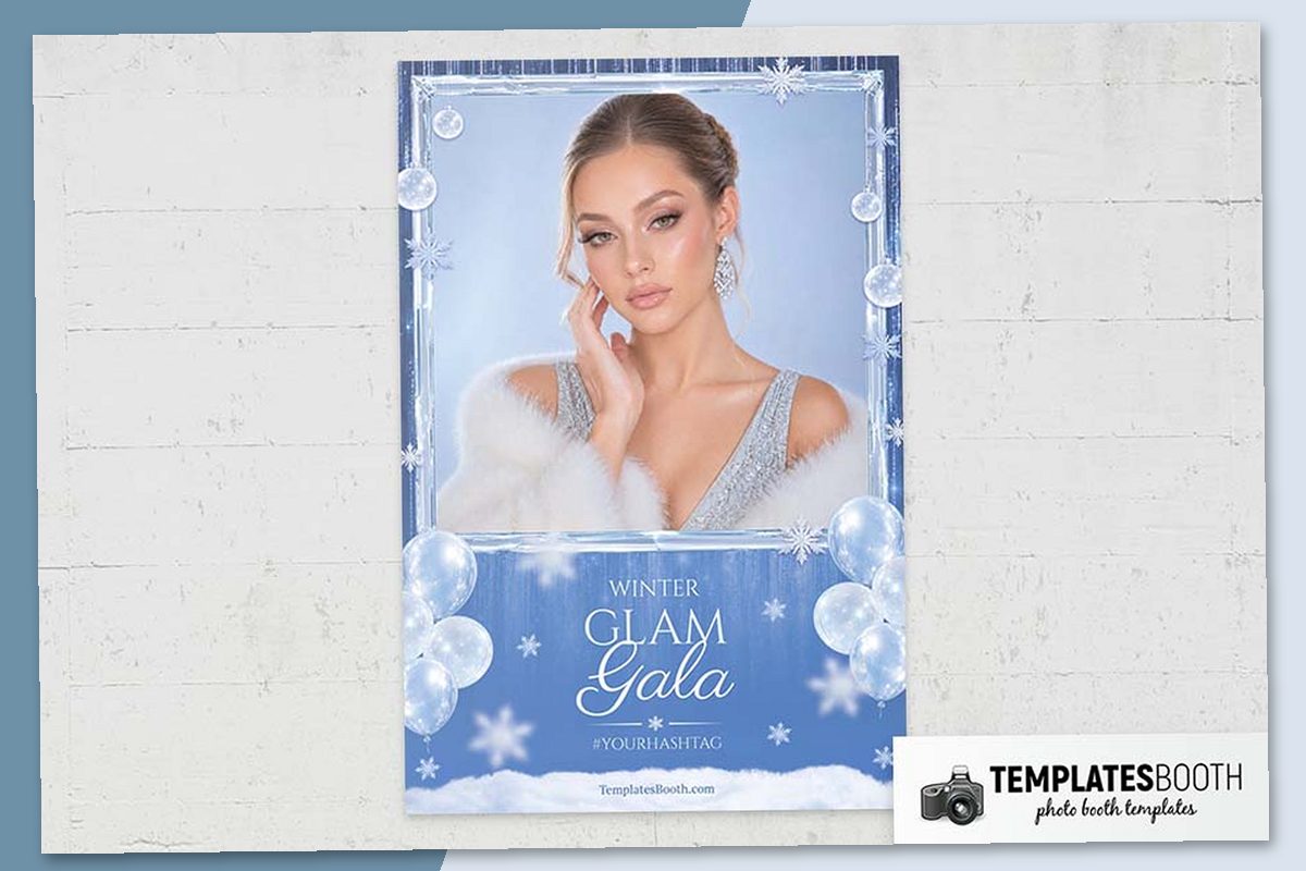 Winter Gala photo booth template with translucent icy baubles, white snowflakes, frosted borders, and a snowy bottom edge