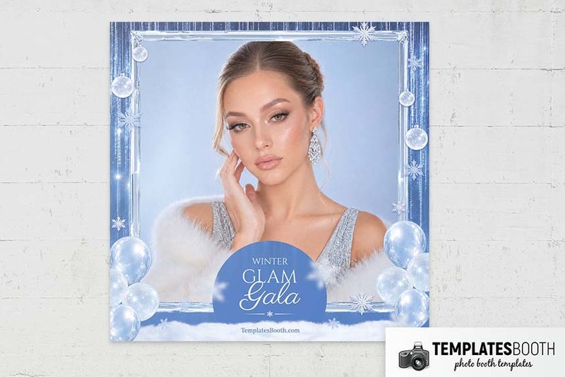 Winter Gala photo booth template (icy baubles and snowflakes): square print with one photo and blue gala badge