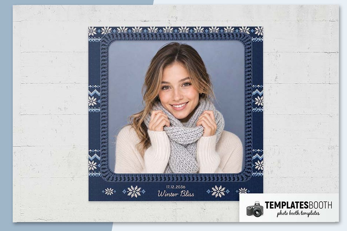 Winter Knitting photo booth template with dark blue cable-knit borders, white snowflakes, zigzags, and cream script