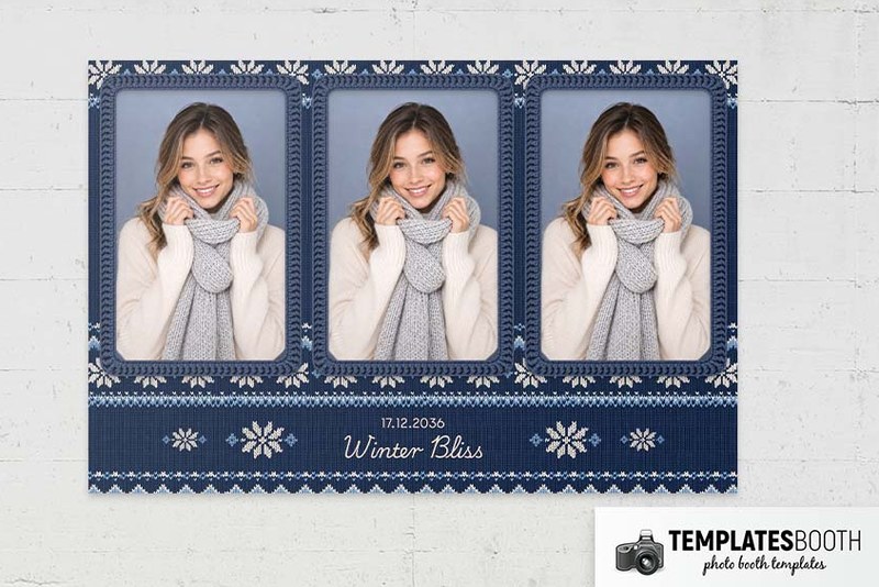 Winter Knitting photo booth template: landscape print with three upright photos above Winter Bliss text