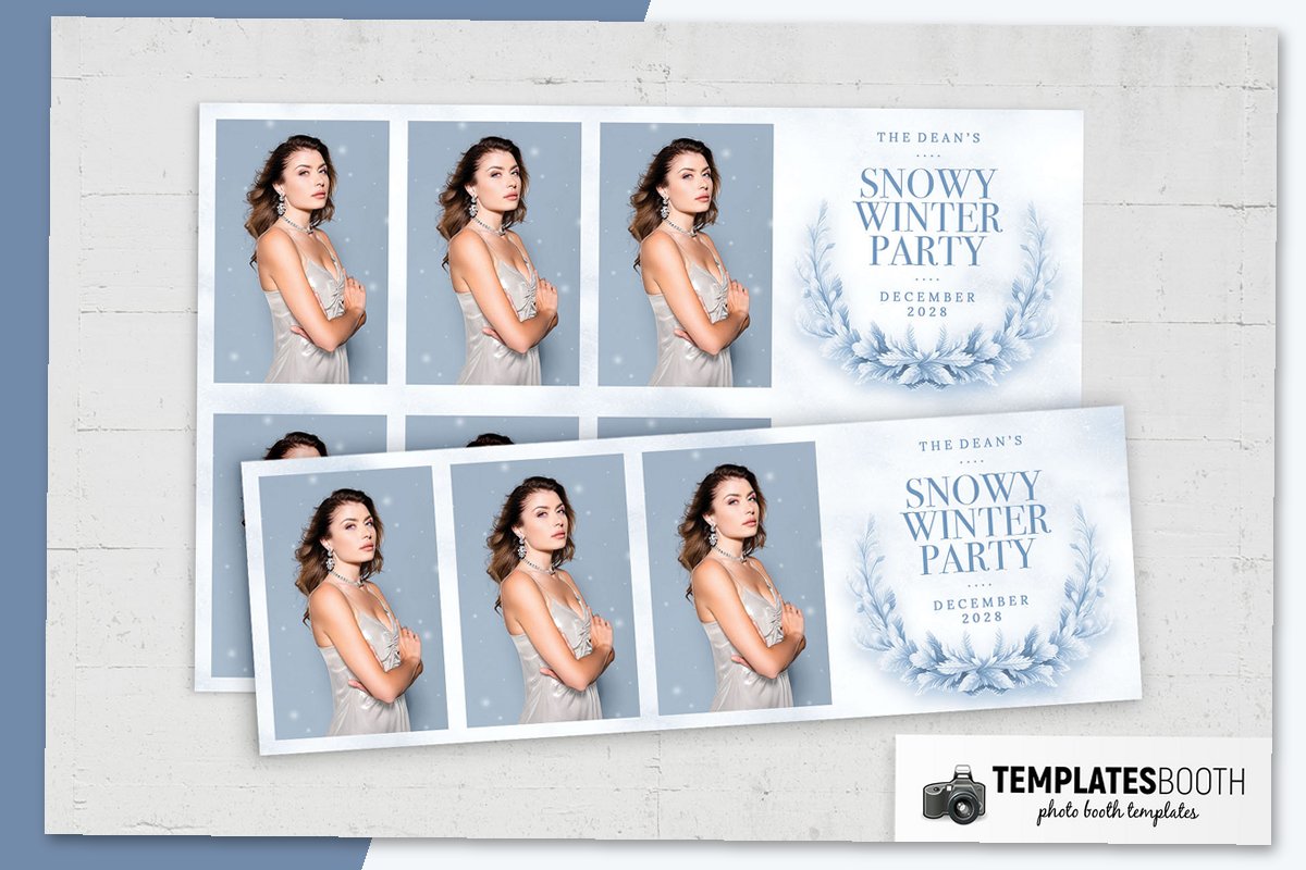 Winter photo booth template with two square openings, broad white borders, and an icy blue foliage wreath