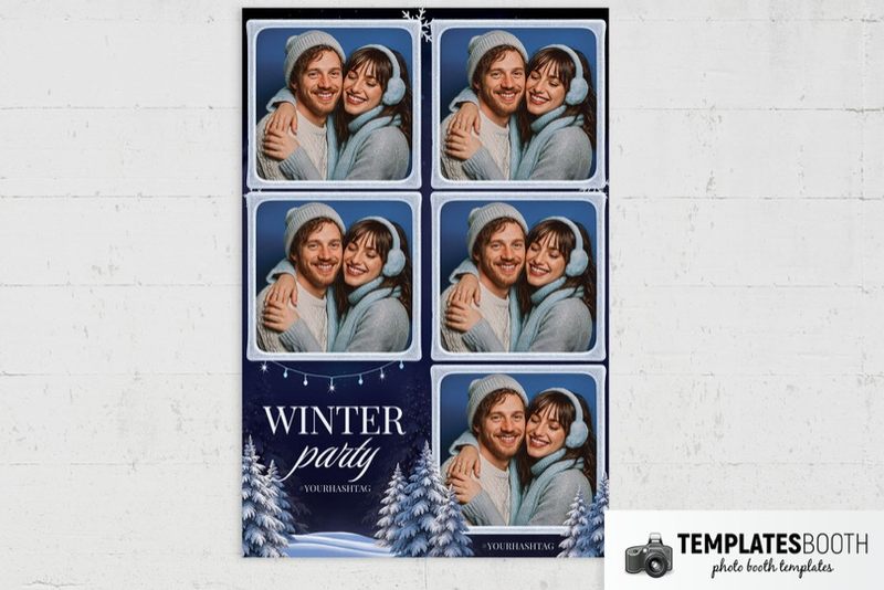 Winter Party photo booth template: portrait winter party print with five photo openings