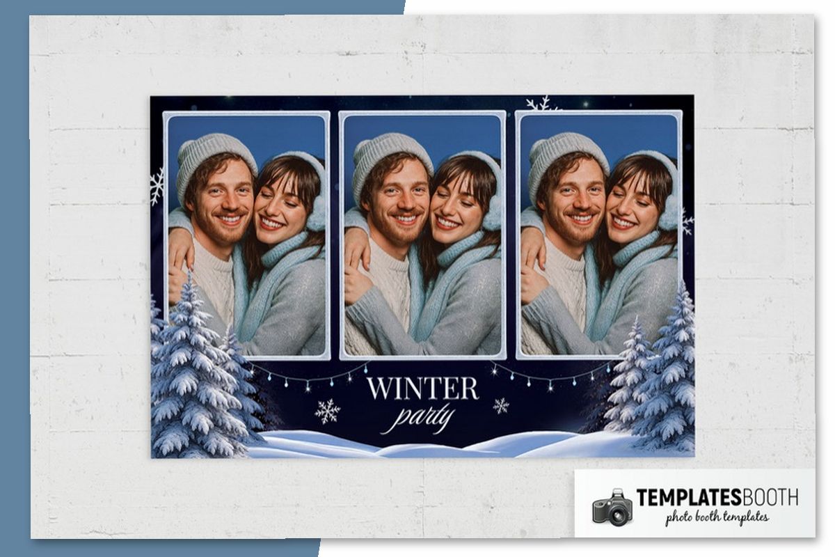 Winter Party photo booth template with snowy fir trees, blue string lights, and rounded white photo frames on navy