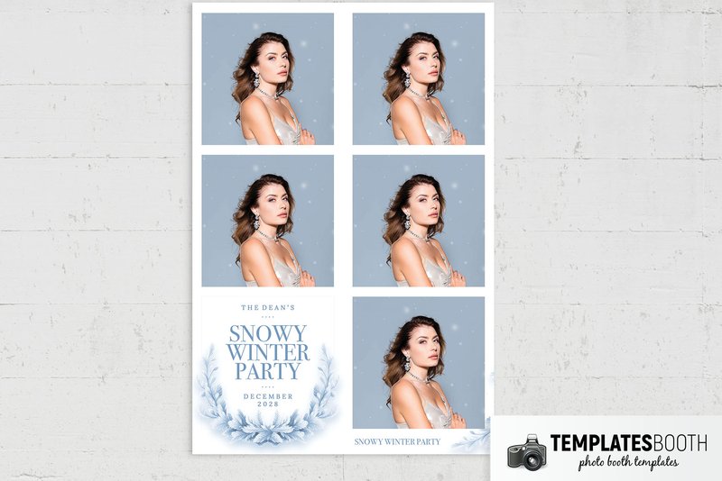 Winter photo booth template: portrait five-photo print with winter party text at bottom left