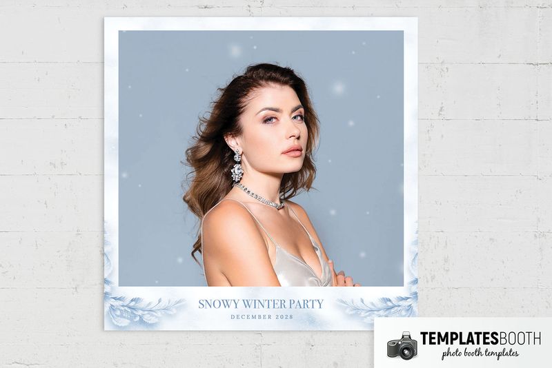 Winter photo booth template: square single-photo print with snowy winter border on wall