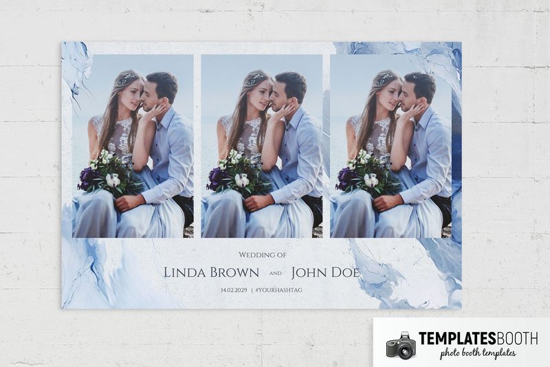 Winter Wedding photo booth template: landscape print with three side-by-side photos on white brick surface