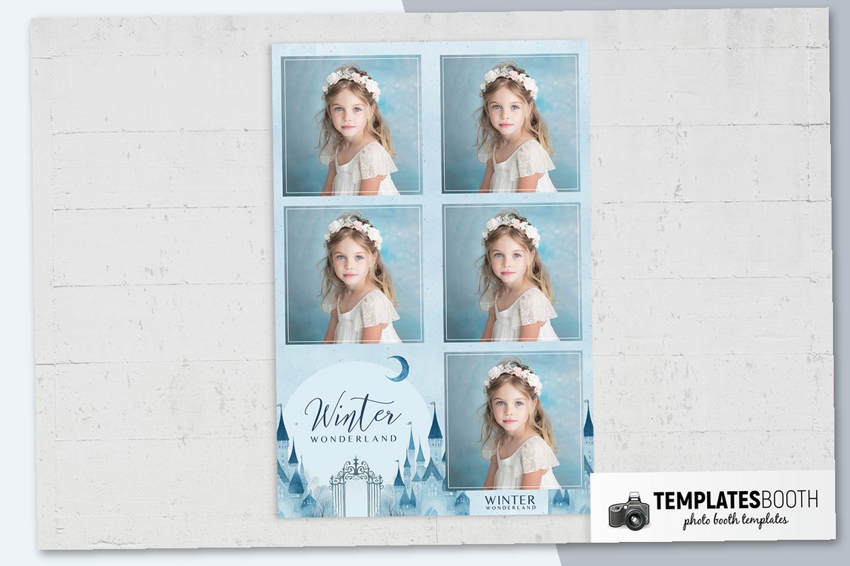 Winter Wonderland photo booth template with blue watercolor castles, an ornate gate, bare trees, and a crescent moon