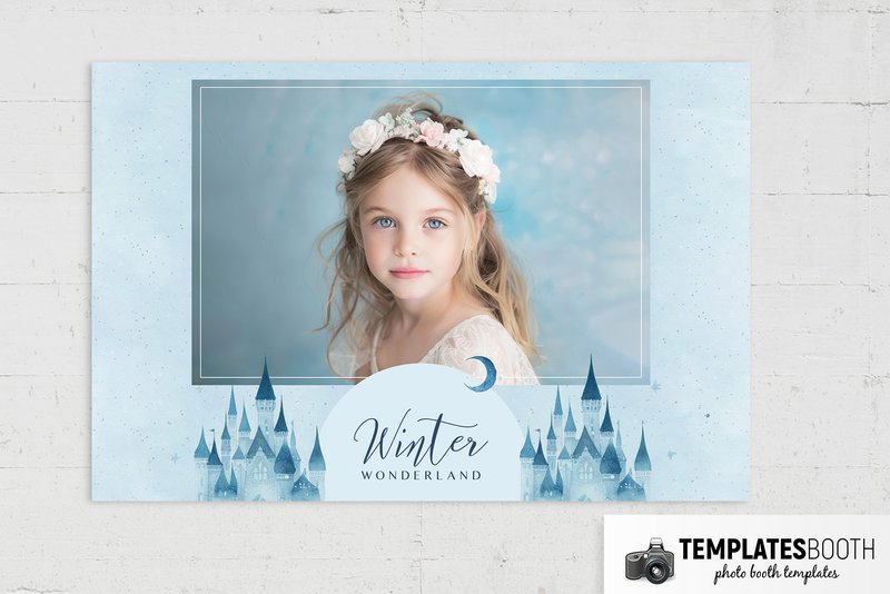 Winter Wonderland photo booth template: landscape print with one photo on a white wooden surface